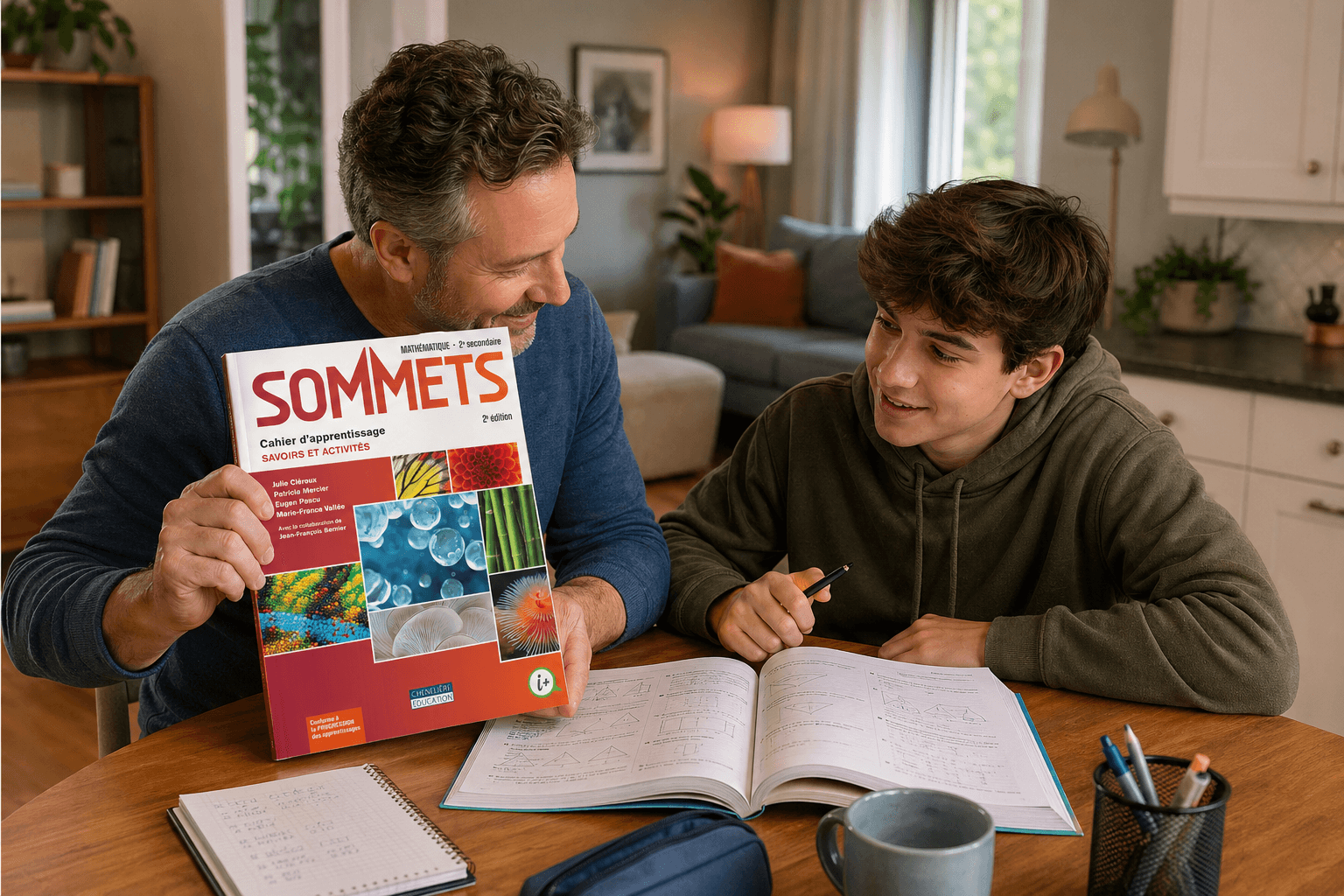 Tuteur installé à la table de cuisine avec un élève du secondaire, manuel de mathématiques ouvert, salon québécois en arrière-plan
