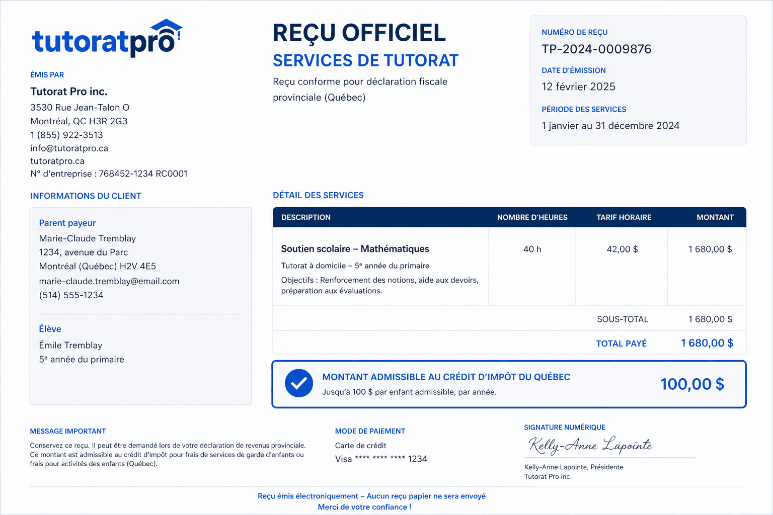 Reçu d'impôt officiel Tutorat Pro pour soutien scolaire avec montant admissible au crédit d'impôt provincial du Québec