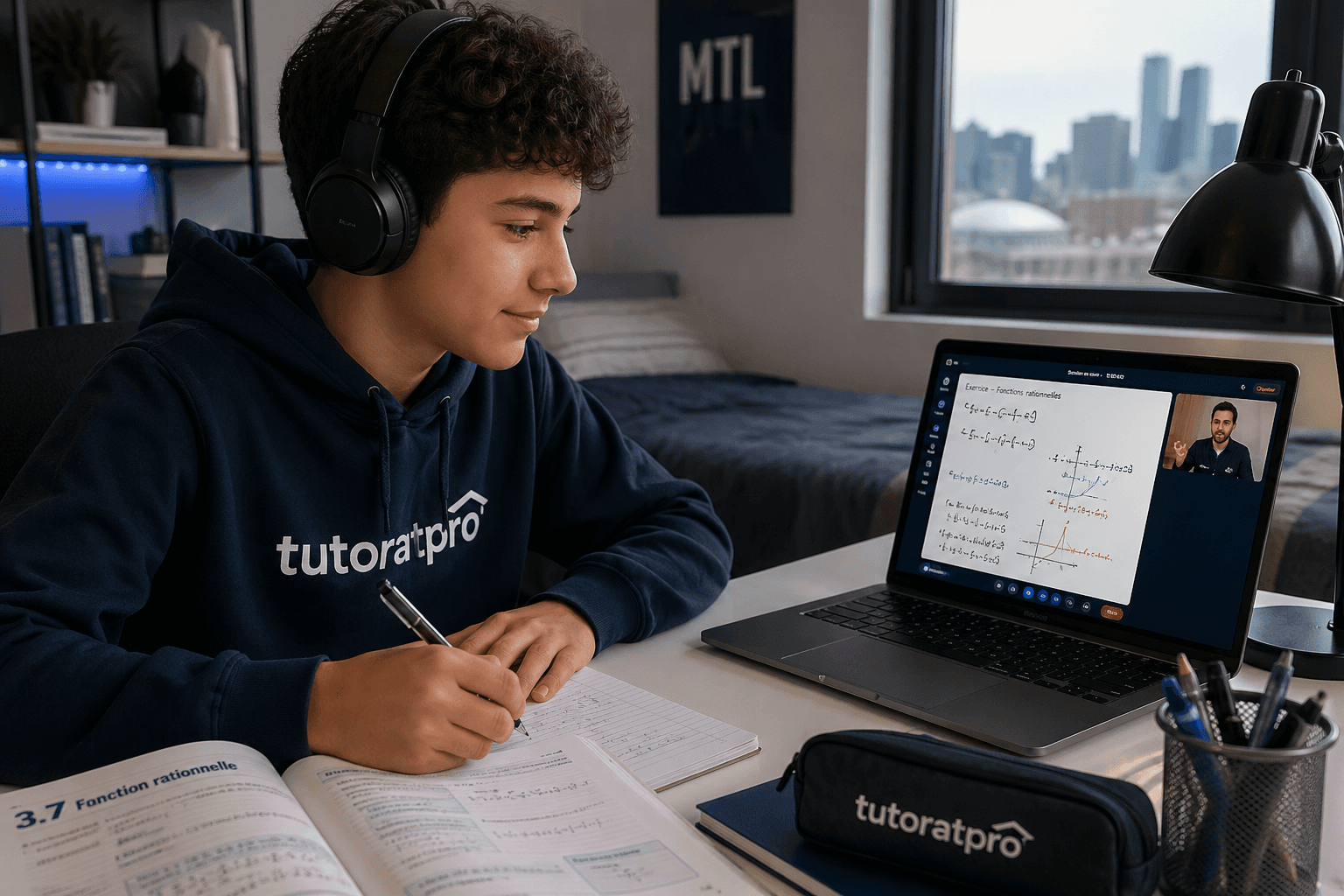 Élève de secondaire 3 montréalais qui suit un cours de mathématiques en ligne depuis sa chambre, casque audio sur les oreilles et manuel ouvert à côté