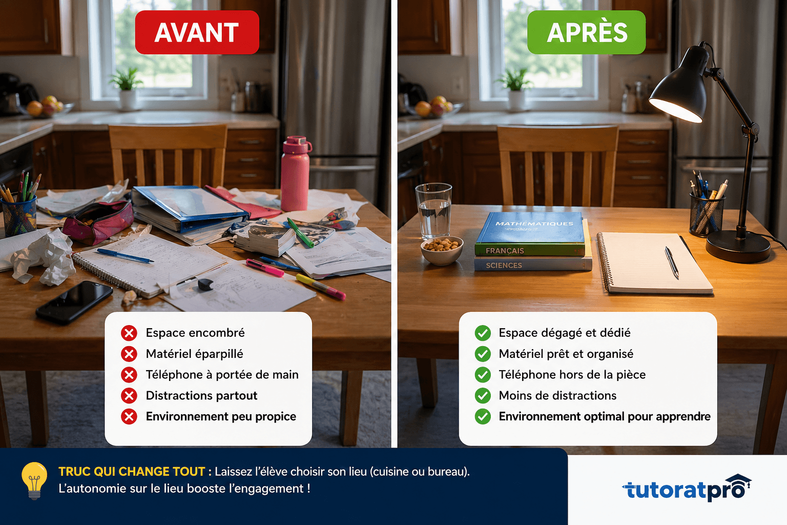 Comparatif avant/après d'une table de cuisine pour une séance de tutorat à domicile : à gauche encombrée de papiers et d'objets, à droite épurée avec manuels alignés, cahier ouvert et lampe de bureau