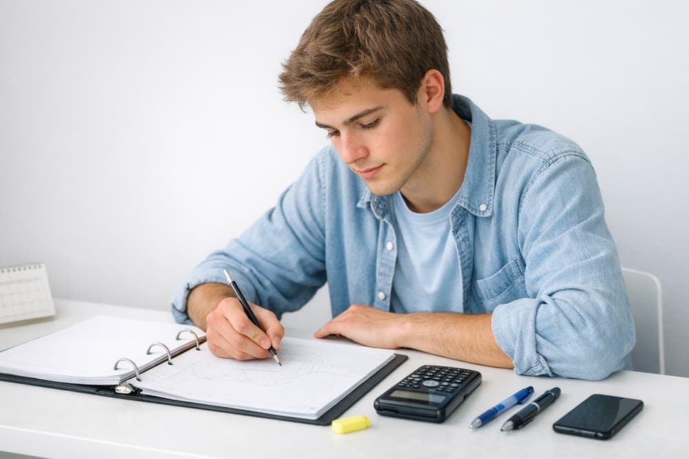 Étudiant au cégep en situation d'étude sérieuse, bureau blanc, calculatrice et notes