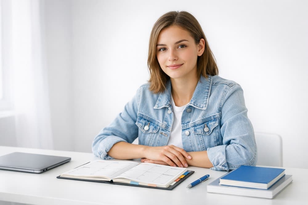 Étudiant au cégep organisé à son bureau avec agenda et matériel de cours, ambiance studieuse et calme