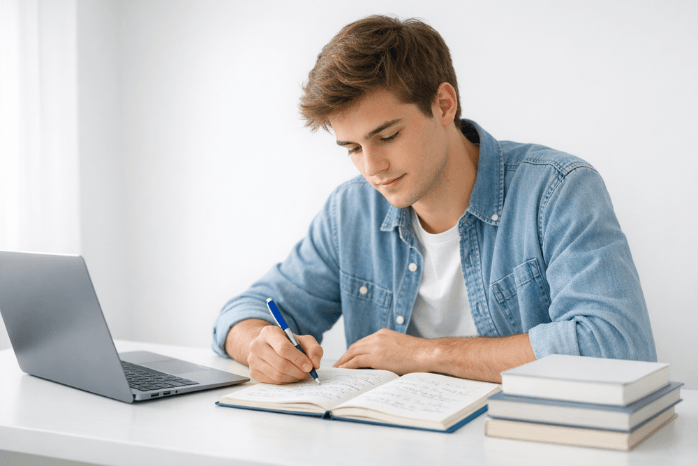 Étudiant qui organise cahiers et portable pour la transition au cégep