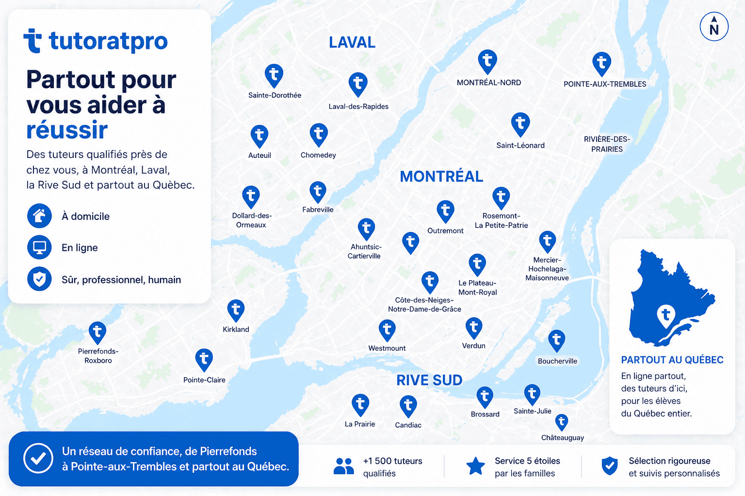 Carte du Grand Montréal avec les quartiers desservis par Tutorat Pro, de Pierrefonds à Pointe aux Trembles, incluant Laval et la Rive Sud