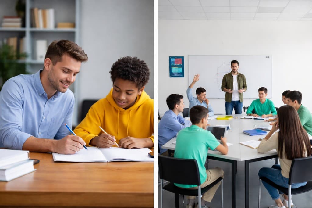 Comparaison entre le tutorat privé (un tuteur avec un élève) et le tutorat en groupe (un tuteur avec plusieurs élèves autour d'une table)