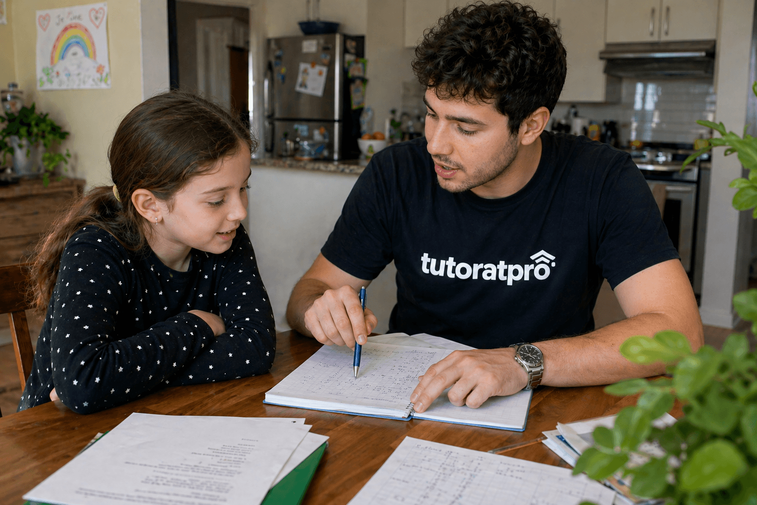Tuteur Tutorat Pro assis à la table de cuisine d'une famille montréalaise, expliquant un problème de mathématiques à un élève de 5e année du primaire