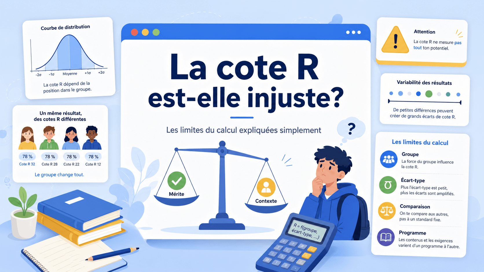 Illustration expliquant pourquoi la cote R peut sembler injuste: comparaison entre mérite et contexte, distribution des résultats, effet du groupe, écart-type et programme.