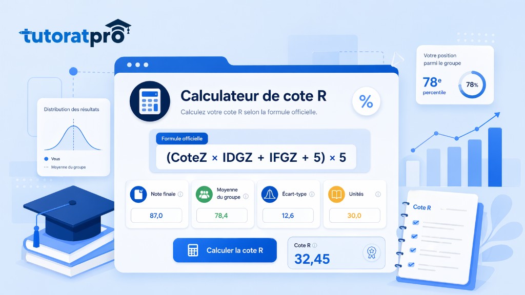 Aperçu du calculateur de cote R en ligne Tutorat Pro: interface affichant la formule officielle (CoteZ × IDGZ + IFGZ + 5) × 5, les champs note finale, moyenne du groupe, écart-type et unités, avec un résultat estimé à 32,45.
