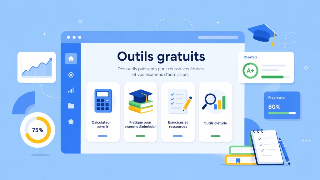 Aperçu des outils gratuits Tutorat Pro: calculateur cote R, pratique pour examens d'admission, exercices et ressources, outils d'étude pour réussir tes études et tes examens.