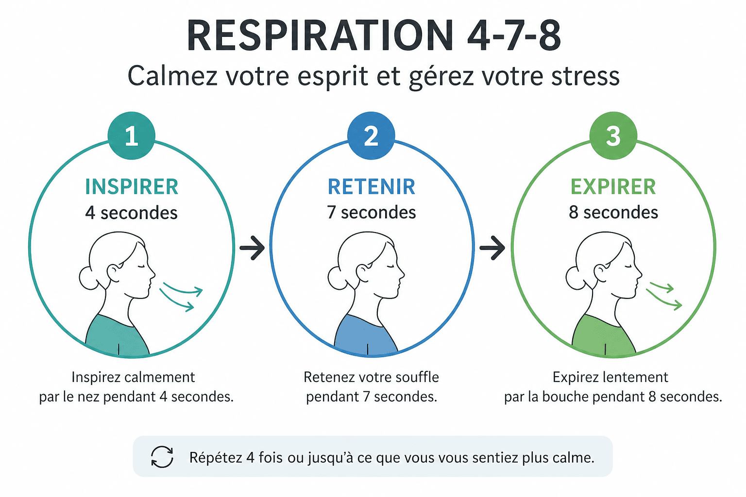 Schéma de la technique de respiration 4-7-8 : inspirer 4 secondes, retenir 7 secondes, expirer 8 secondes