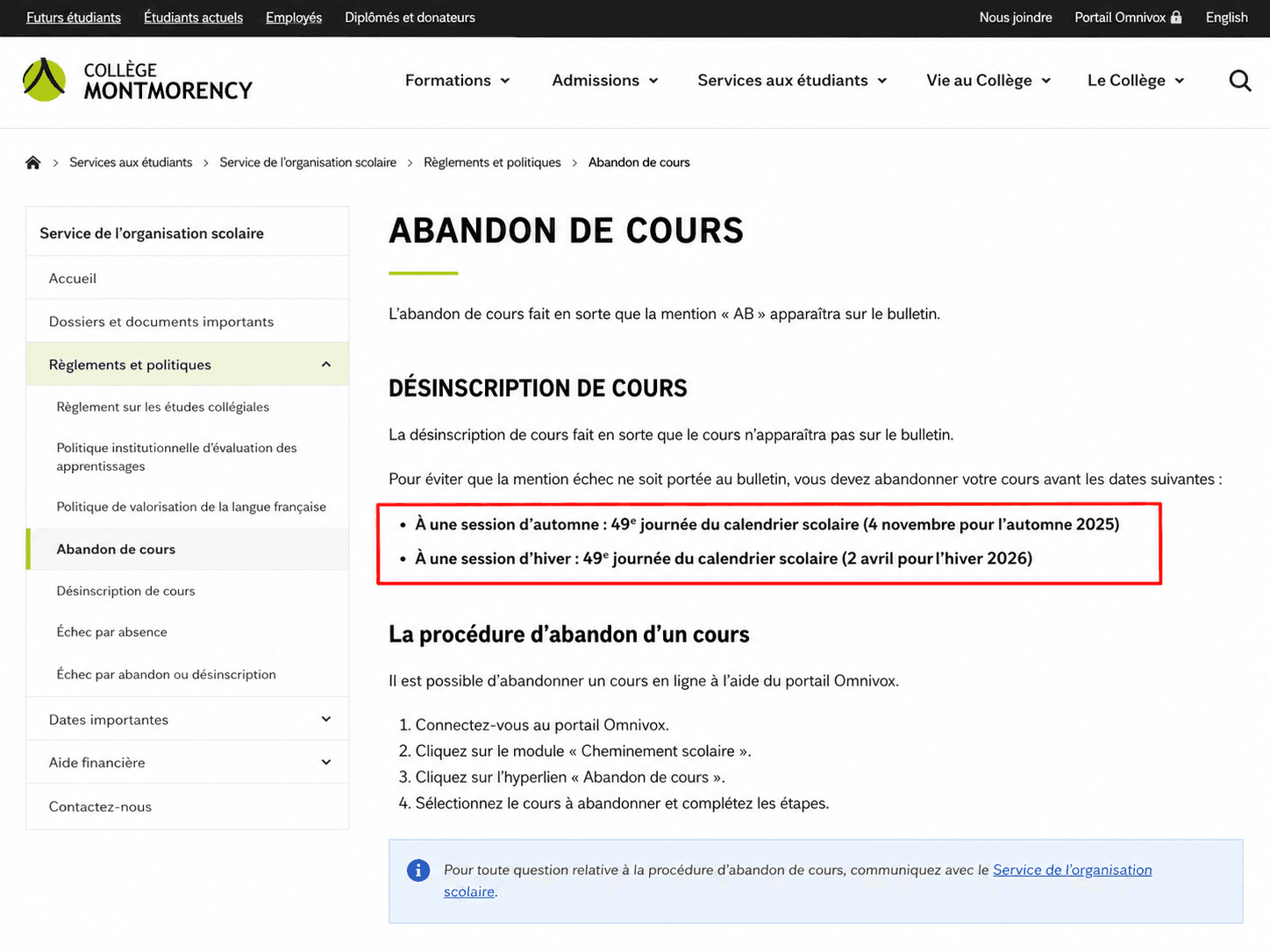 Calendrier officiel d'un cégep avec la date limite d'abandon de cours sans échec (mention AE) surlignée en rouge