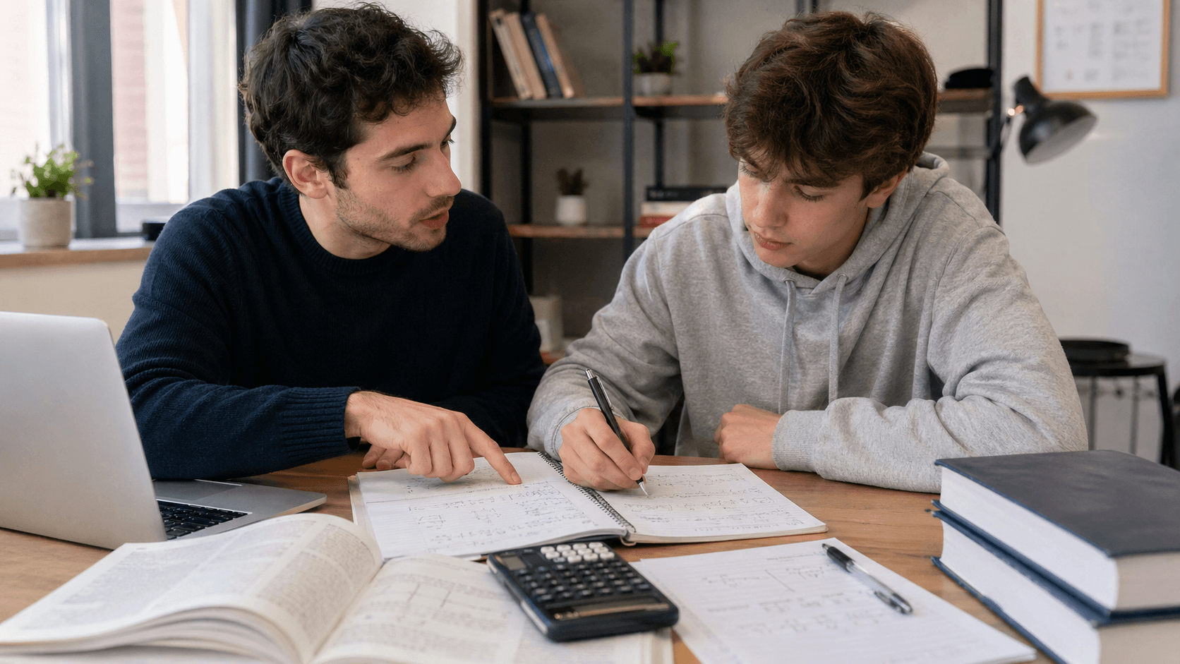Session de tutorat : un tuteur et un étudiant penchés sur un cahier de mathématiques
