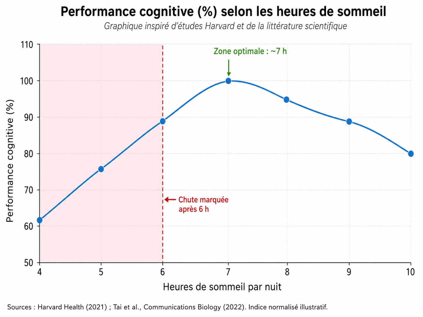 Graphique scientifique : performance cognitive en fonction des heures de sommeil, chute marquée sous 6 h par nuit