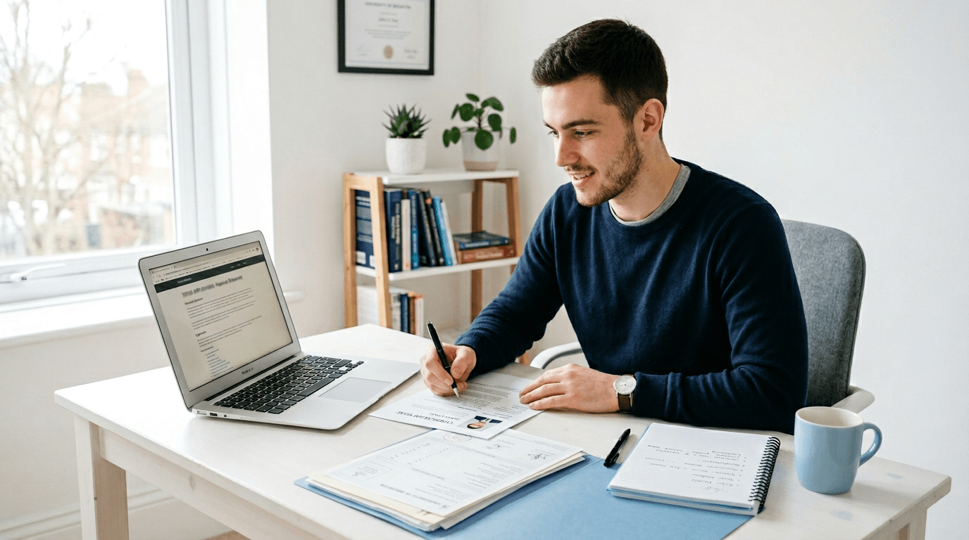 Jeune tuteur préparant sa candidature avec son CV et ses documents à un bureau bien organisé