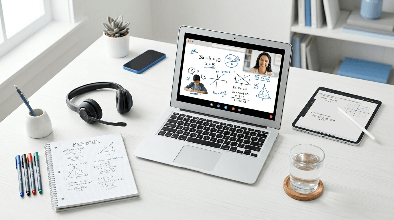 Bureau de tutorat en ligne avec ordinateur portable, tablette, casque et outils éducatifs sur un bureau blanc